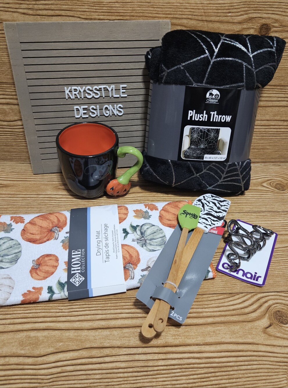Halloween Home Bundle Pumpkin Mat Spider Web Throw Bat Spatula Pumpkin Mug 5 Pc